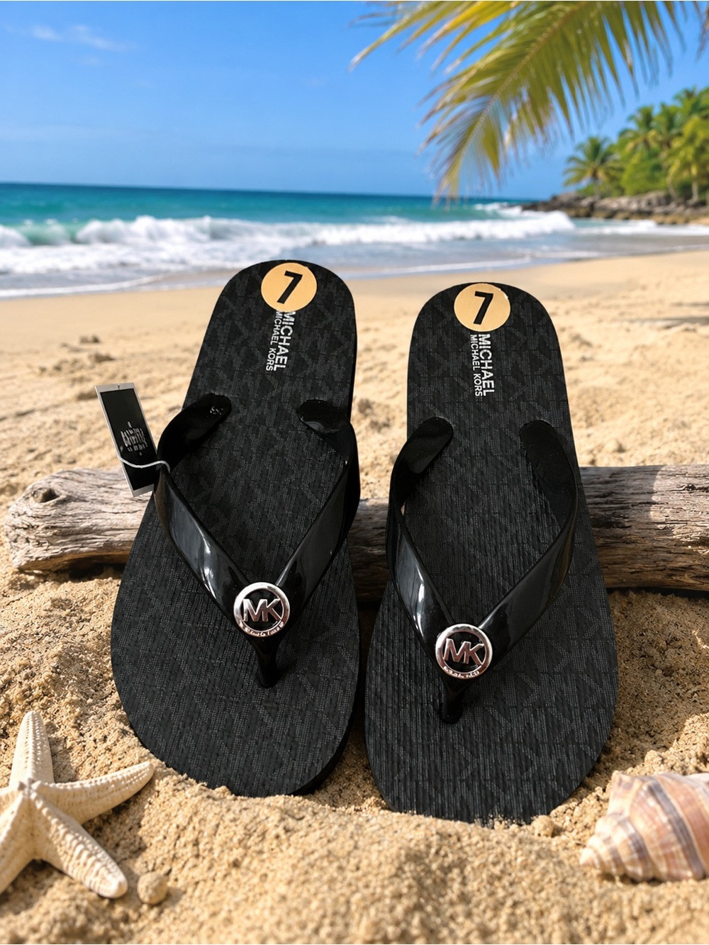 NWT Michael Kors Black MK Logo Flip Flop Sandals | Women’s Size 7